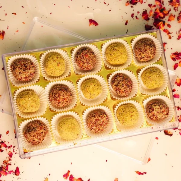 Buy Now Riha's Chocolates Rose Pista Laddoo pack of 15 pcs | Indian Sweets | No Sugar | Guilt Free - Image 4